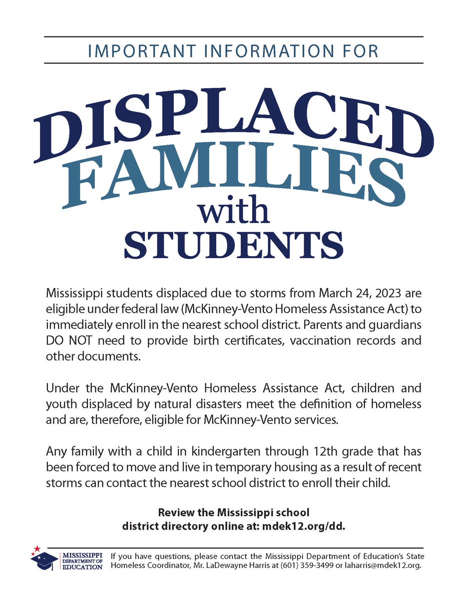 MSEMA's tweet photo. ❗️PLEASE SHARE IMPORTANT INFORMATION: Any family with a child in K-12 that has been forced to move and live in temporary housing due to the recent March 24 storms can contact the nearest school district to enroll their child. https://t.co/pegK7WvNgE