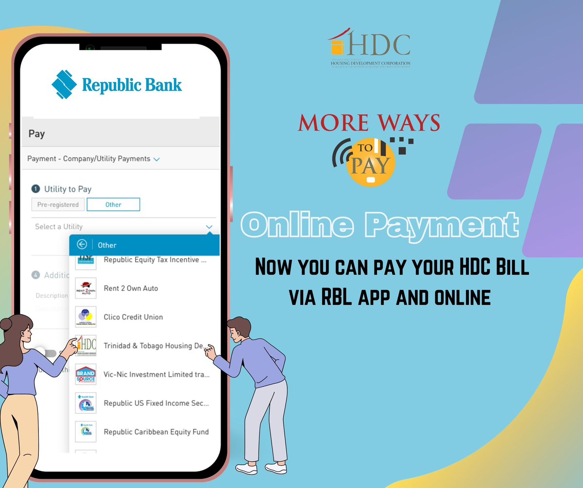 HOMEwithHDC's tweet photo. More Ways to Pay just got a lot more convenient.

Now you can pay your HDC Bill via RBL and FCB app and online

#HDC
#MoreWaysToPay
#HDCWorkingForYou https://t.co/zfrg9pMVUc