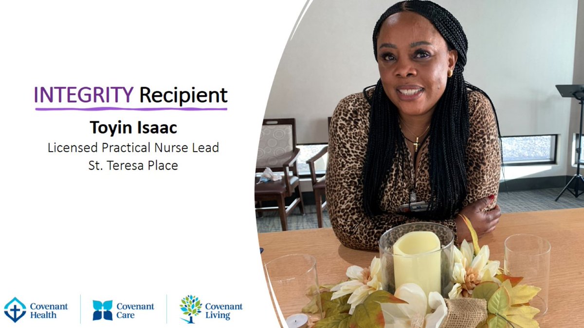 CovenantCA's tweet photo. Toyin Isaac, licensed practical nurse Lead, St. Teresa Place, receives the 2023 Mission Award for Integrity. Staff and residents alike see Toyin as trustworthy and a model of integrity. Learn more: https://t.co/8hlKcccLE6 #CovenantMission https://t.co/t0FqCVNpG2