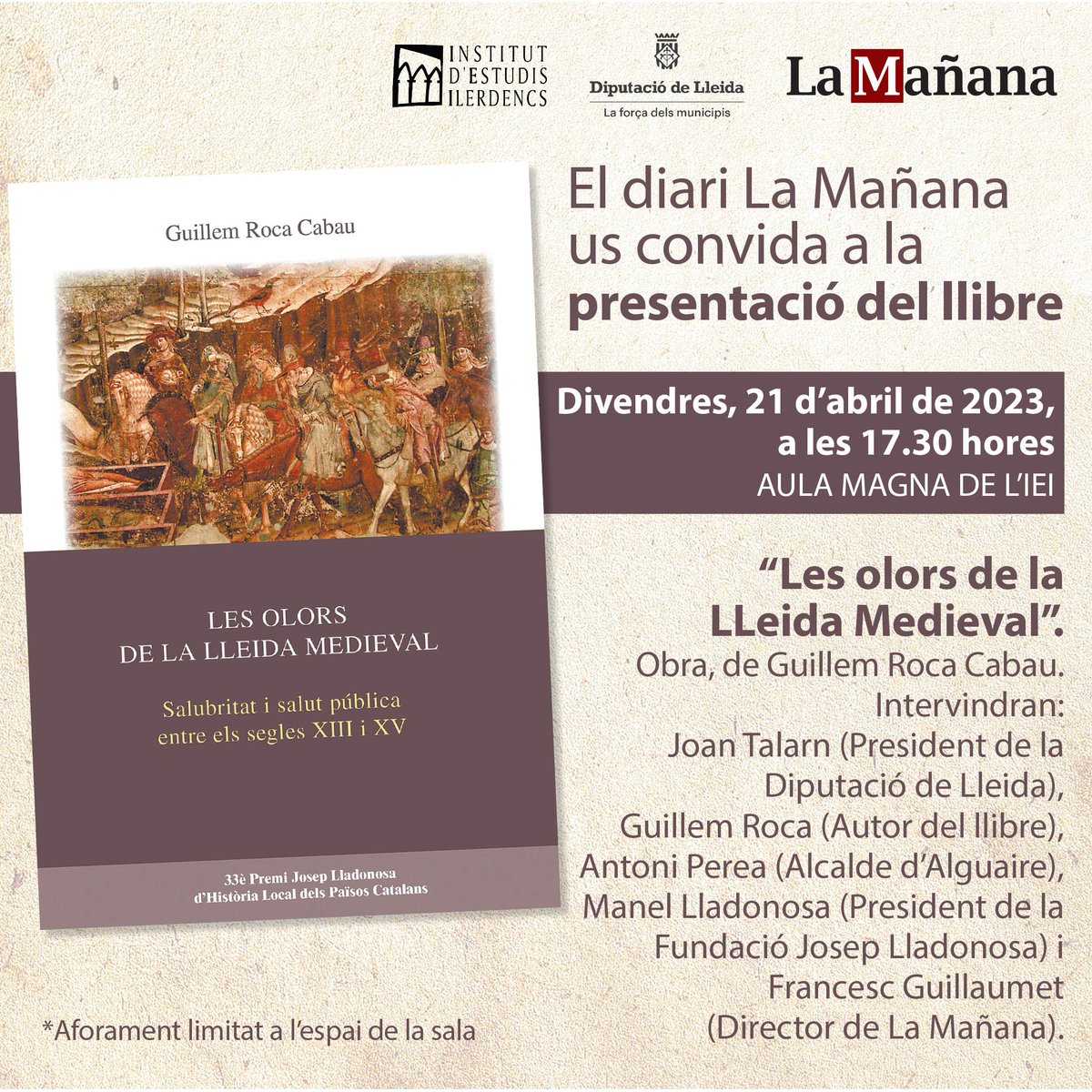 👃 Demà presentem el llibre "Les olors de la Lleida medieval" amb <a href="/LaManyanacat/">La Mañana</a>. Parlarem de salubritat i medicina a l'edat mitjana 🤯
📍 Aula Magna de l'IEI
🕐17:30 h