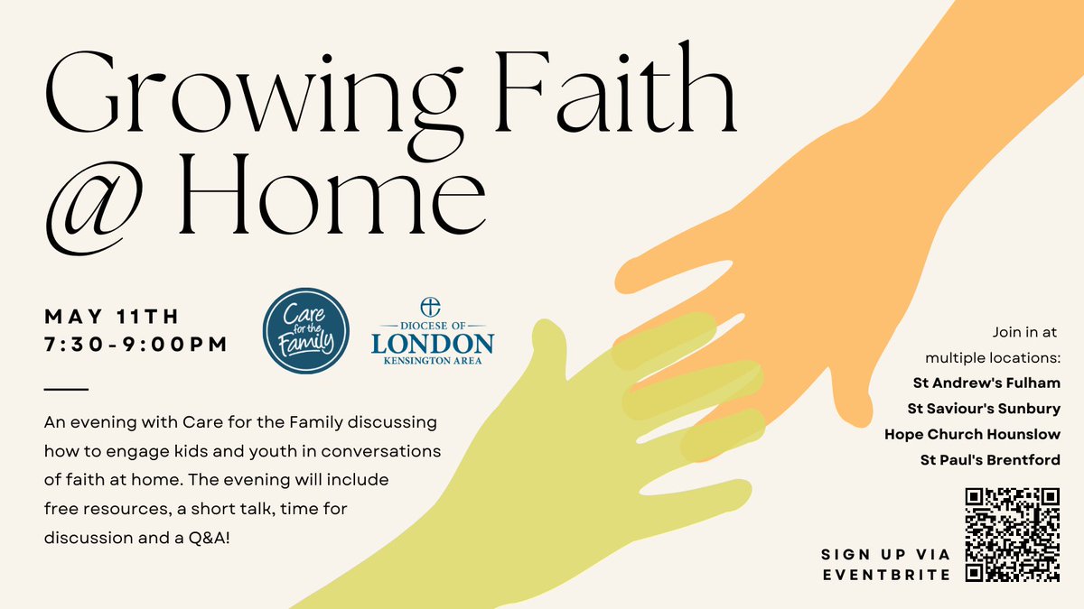 DioLondonCYPF's tweet photo. On 11 May, four churches are hosting an evening with Care for the Family discussing how to engage kids and youth in conversations of faith at home. 

The evening will include free resources, a short talk, time for discussion and a Q&amp;A!

Book to join: 👇
https://t.co/Ax5wjy1HgU https://t.co/T8cmZWZQ3A