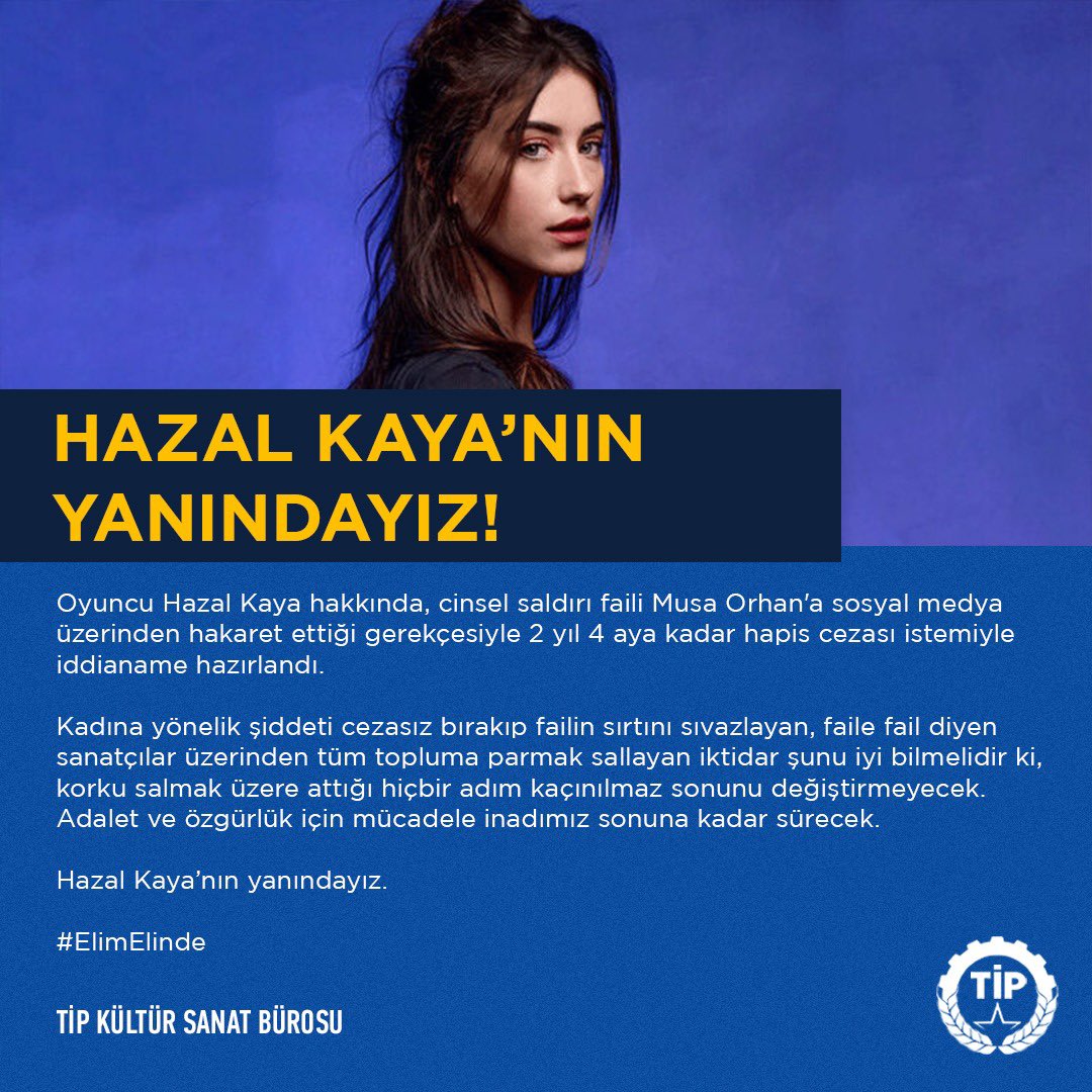 TipKulturSanat's tweet photo. Kadına yönelik şiddeti cezasız bırakıp failin sırtını sıvazlayan, faile fail diyen sanatçılar üzerinden tüm topluma parmak sallayan iktidar şunu iyi bilmelidir ki, korku salmak üzere attığı hiçbir adım kaçınılmaz sonunu değiştirmeyecek.

Hazal Kaya’nın yanındayız. 

#ElimElinde https://t.co/qgktVccQok