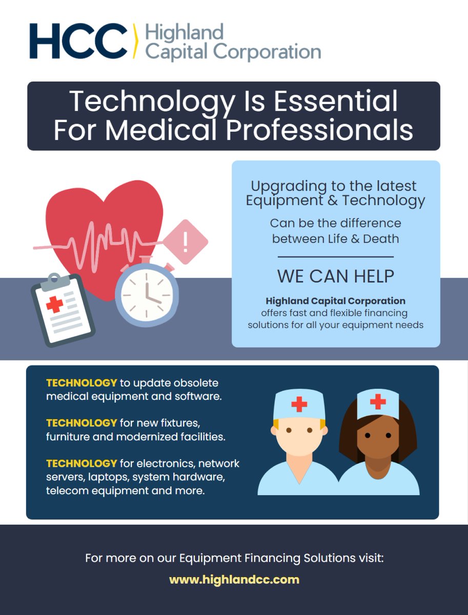 HighlandCapCorp's tweet photo. Customer-centric and market driven, HCC has been serving the #equipmentfinancing needs of #healthcare and #medical professionals for over 25 years - fast &amp; flexible #financing solutions for the #equipment and #technology you need to grow https://t.co/uupOgsQtiP https://t.co/aQ2glLwDpC