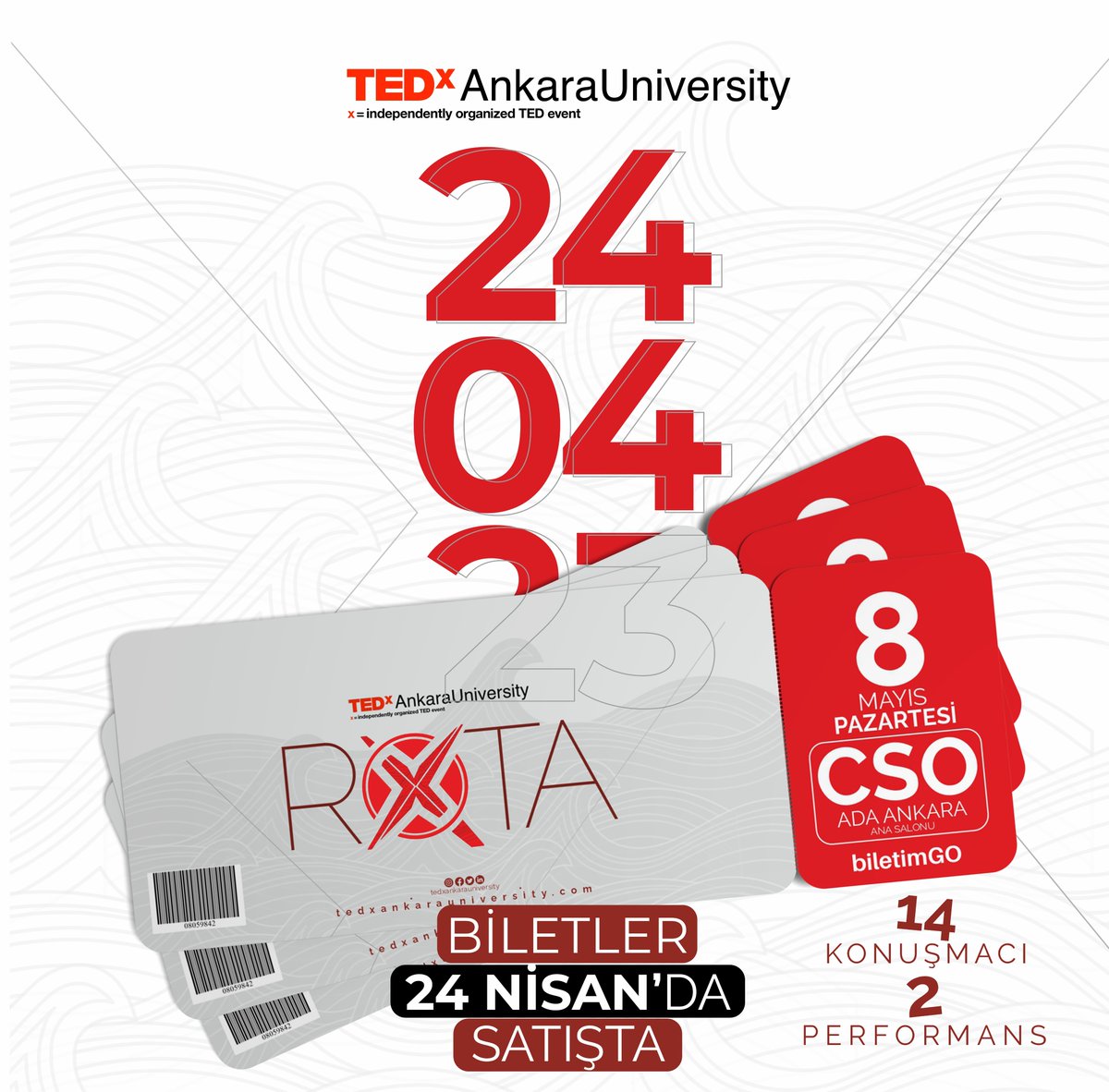 TEDx_AnkaraUni's tweet photo. TEDxAnkaraUniversity 2023 “Rota” biletleri 24 Nisan Pazartesi günü 21.00’da satışta!

Birbirinden değerli 14 farklı konuşma ve 2 canlı performans oturumu için hazırsan sen de yerini ayırt ve bu fırsatı kaçırma!

#tedx #tedxtalks #tedxankarauniversity #ankaraüniversitesi #rota https://t.co/tWes3CaWIt