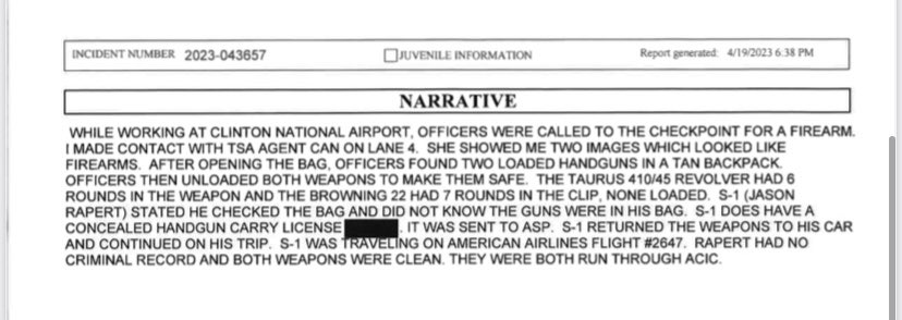 GregYarbrough's tweet photo. According to a LR police report former state senator &amp; Lt governor candidate Jason Rapert accidentally brought 2 loaded guns in his carry-on luggage at LR Natl Airport Wednesday. He was allowed to take them back to his car &amp; continue with his trip. No charges were filed #ARnews https://t.co/ksEwY5jKIS