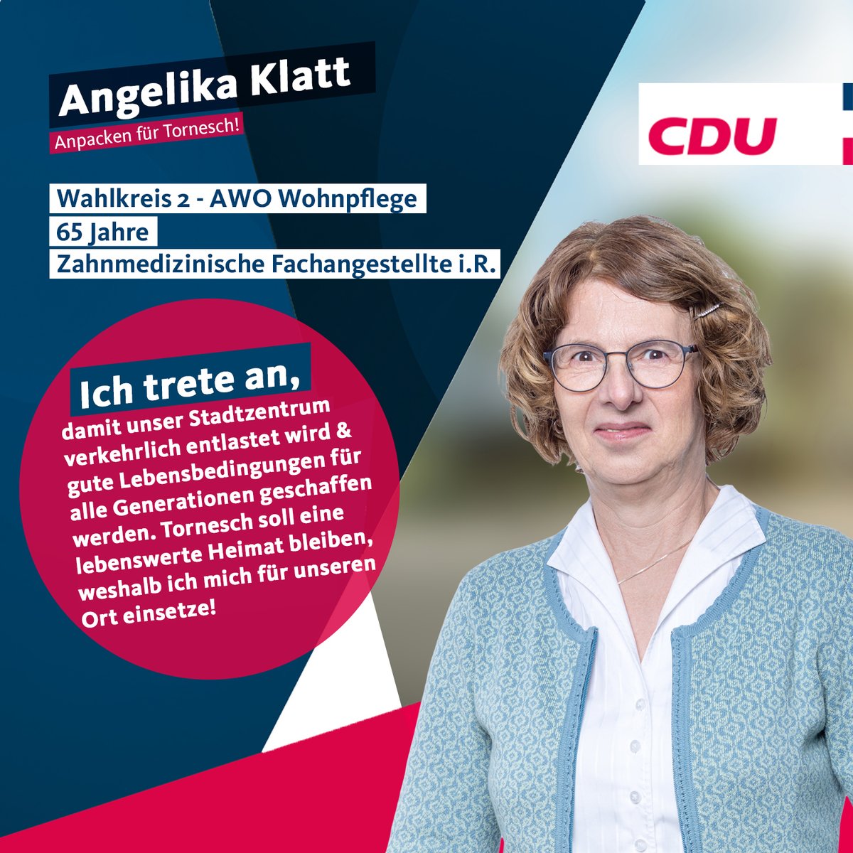 CDUTornesch's tweet photo. Für den Wahlkreis 2 AWO Wohnpflege tritt Angelika Klatt an. #anpackenfürtornesch #tornesch https://t.co/M0M06lJai8