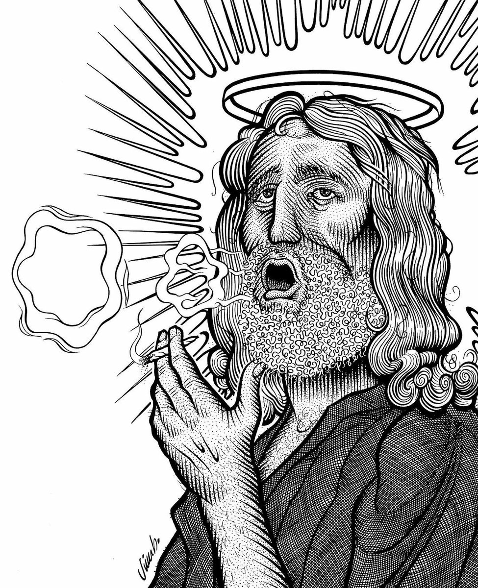 JahFurry's tweet photo. For 4/20, a commissioned ink drawing of Jesus smoking a joint by Jim Blanchard [https://t.co/716QajvlFv]
#420day #420forfreedom @Fantagraphics https://t.co/ptEg2z863n