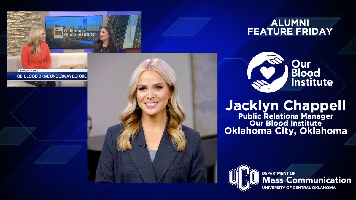 UCO_MCOM's tweet image. Yes! You can do a lot with a @UCO_MCOM degree!
This week's #AlumniFeatureFriday spotlights @UCO_MCOM alum @jacklynchapp. After starting her career in news, Jacklyn now serves as the Public Relations Manager for @OurBloodInst in OKC.