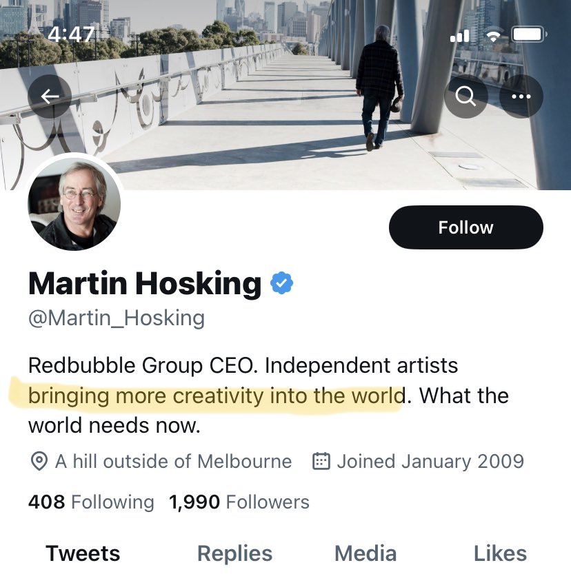 Millybee82's tweet photo. @engyles @redbubble @Martin_Hosking His bio….what a joke. The new RB policy is another slap in the face of small artists trying to get their work out there. It’s deflating and makes me want to give up/stop creating 😞 https://t.co/9KpwEIOVDP