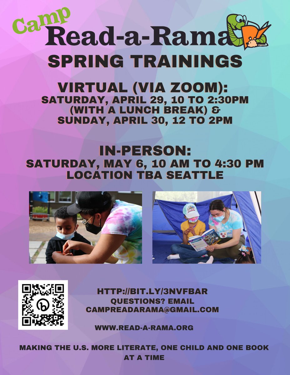 campreadarama's tweet photo. Interested in hosting your own Camp Read-a-Rama? Sign up for spring training! 
🐛Virtual training: Saturday, April 29th (register by THIS SATURDAY, April 22nd)
🐛In-person training: Saturday, May 6th 
https://t.co/3UaaCXMH5W
#campreadarama #seattleevents https://t.co/7G79FmzD9k