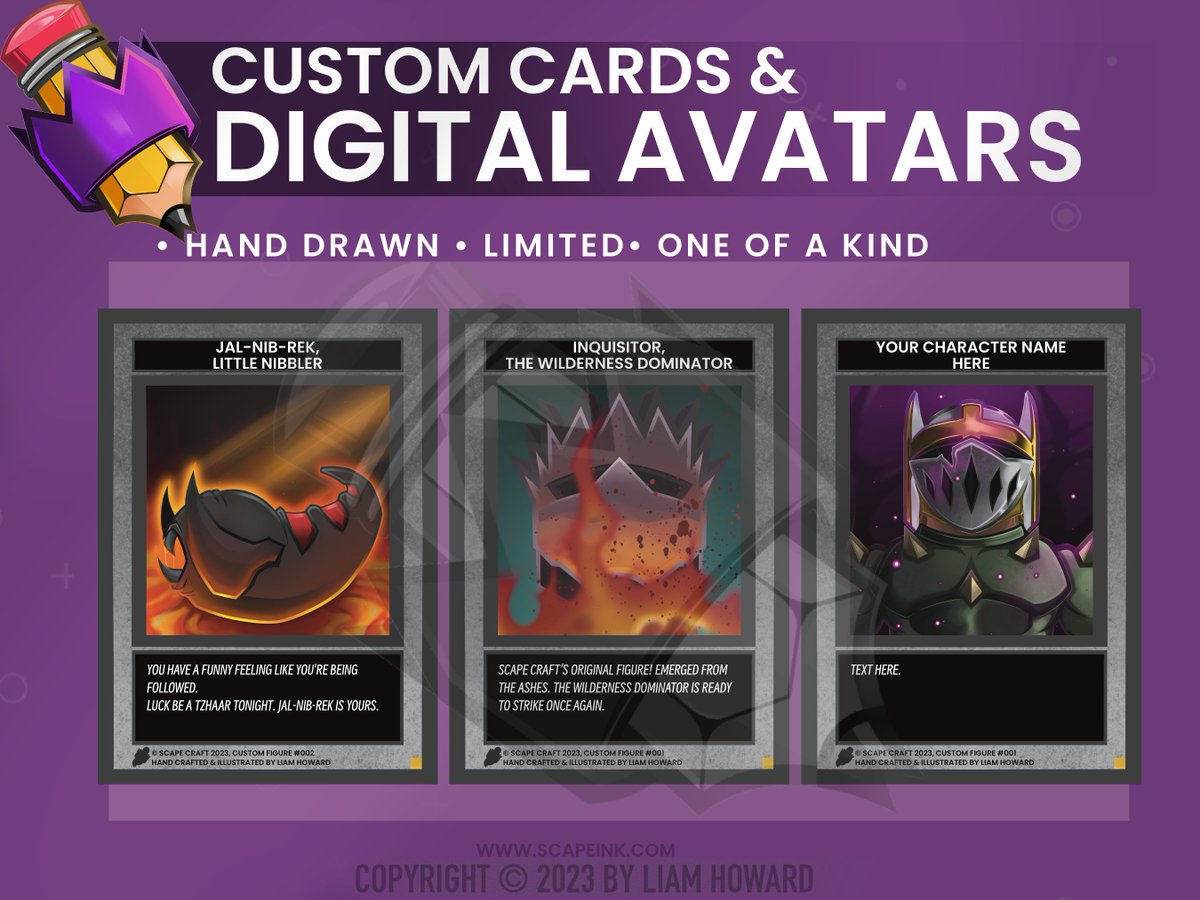 Scape_Ink's tweet image. Hey legends! I am open for commission! Check out my latest creation of OSRS Custom Cards! 

DM if interested, alternatively join our discord!