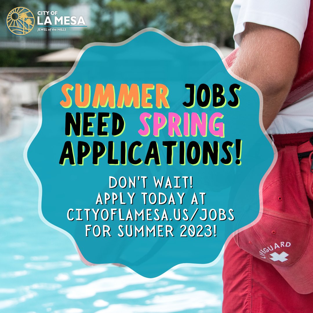 If you are interested in a summer job with the City of La Mesa, apply today!

Don’t wait until summer to fill out your application at cityoflamesa.us/jobs. 
 
Can’t wait to have you on the team!

#LaMesaJobs #SummerJob #Lifeguards #Recreation