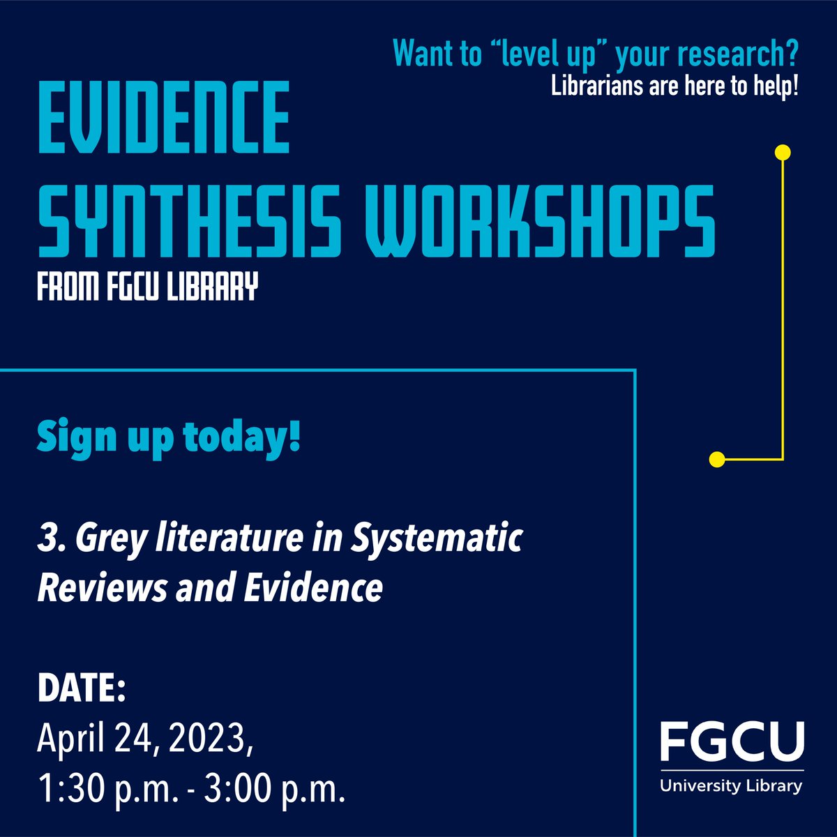fgculibrary's tweet image. Next Monday we are hosting the final seminar of our evidence synthesis workshop series! This month: Grey Literature in Systematic Reviews and Evidence Synthesis. 

#fgcu #fgculibrary #library #evidencesynthesis #datacombination