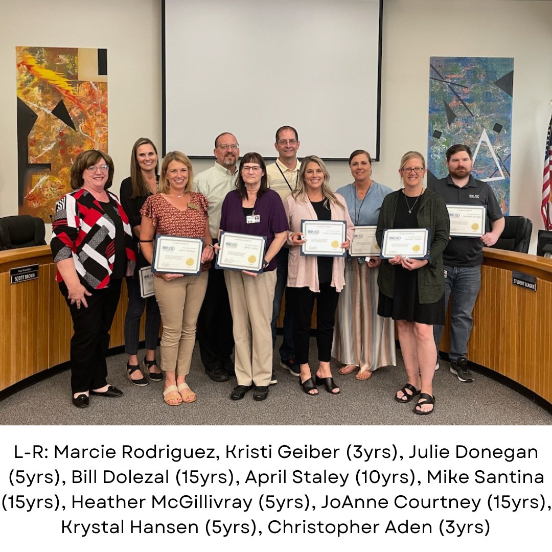 We're happy to celebrate the years of service these District Office employees have given CCUSD, pictured here with acting Superintendent and CFO Marcie Rodriguez. Thank you for your dedication! #ccusd93 #oneteam