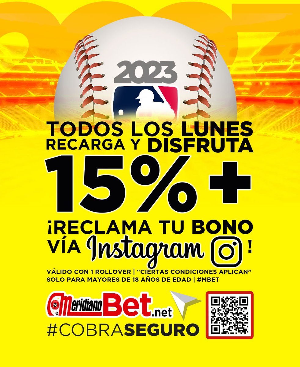 ATENCIÓN // Ahora disfrutarás del BONO de #MLB con #MeridianoBet sólo los LUNES.

Durante toda la temporada sólo los días lunes podrás solicitar tu bono en Instagram.

Recarga tu billetera y pon a prueba tus conocimientos. Q' Esperas?

Juega tu #parley | Gana | #CobraSEGURO