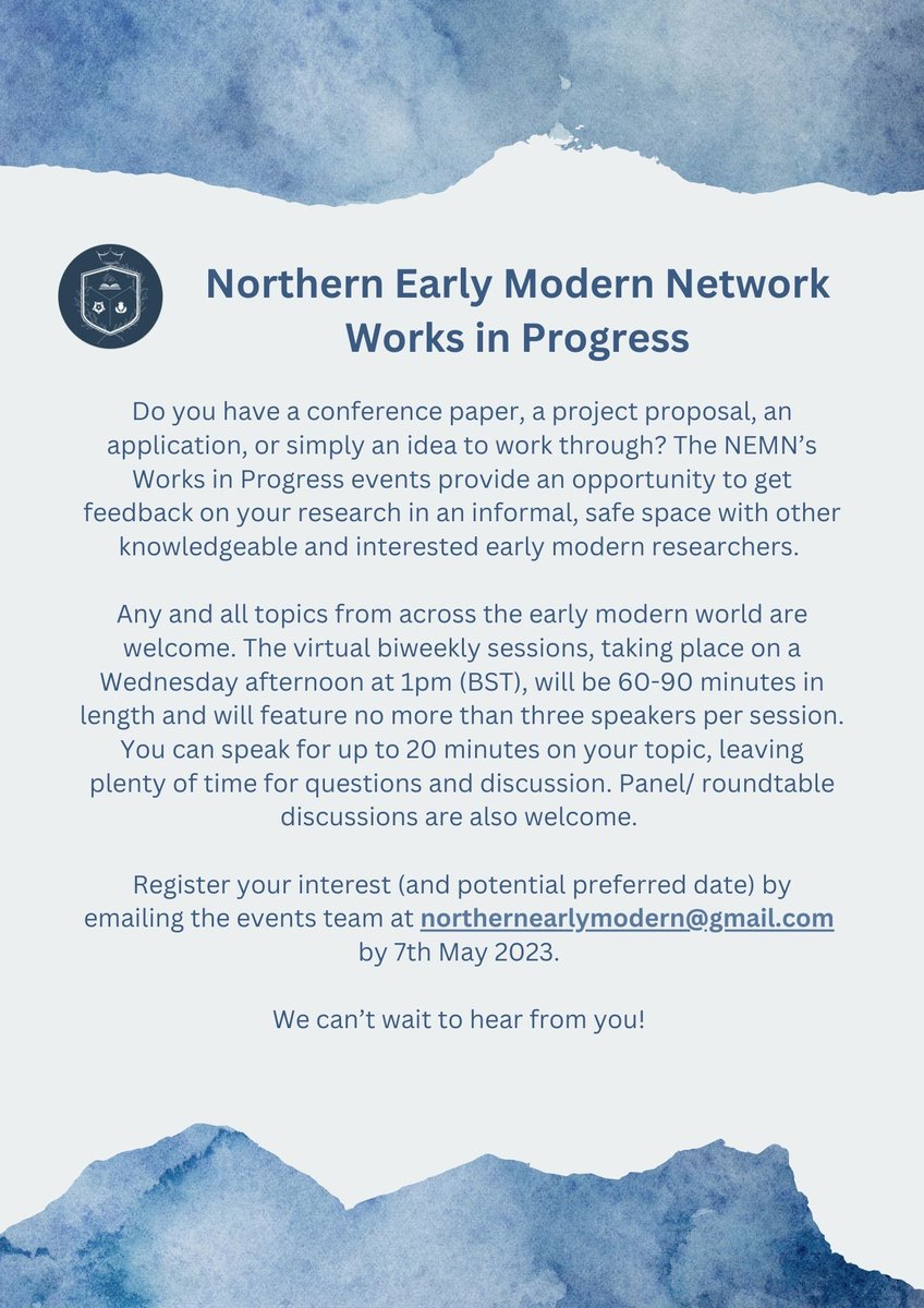 nemnetwork_'s tweet photo. !! Calling all early modernists !! We're looking for speakers to share their research at our Works in Progress events throughout June! Do you have a chapter you're working on and would like feedback? Apply now to give a paper with us! #twitterstorians #earlymodern #cfp https://t.co/1uresupsXL
