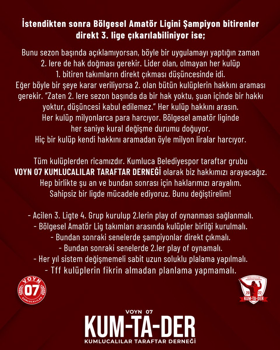 HER KULÜB HAKKINI ARASIN!
.
.
.
#antalya #antalyakumluca #kumluca #TFF2023 #tff #bal #balligi #süperlig #tff1lig #tff3lig #türkiyefutbolfederasyonu #futbol #fotball #süperamatör #amatörlig #beyazfutbol #akp #chp #mhp #iyiparti