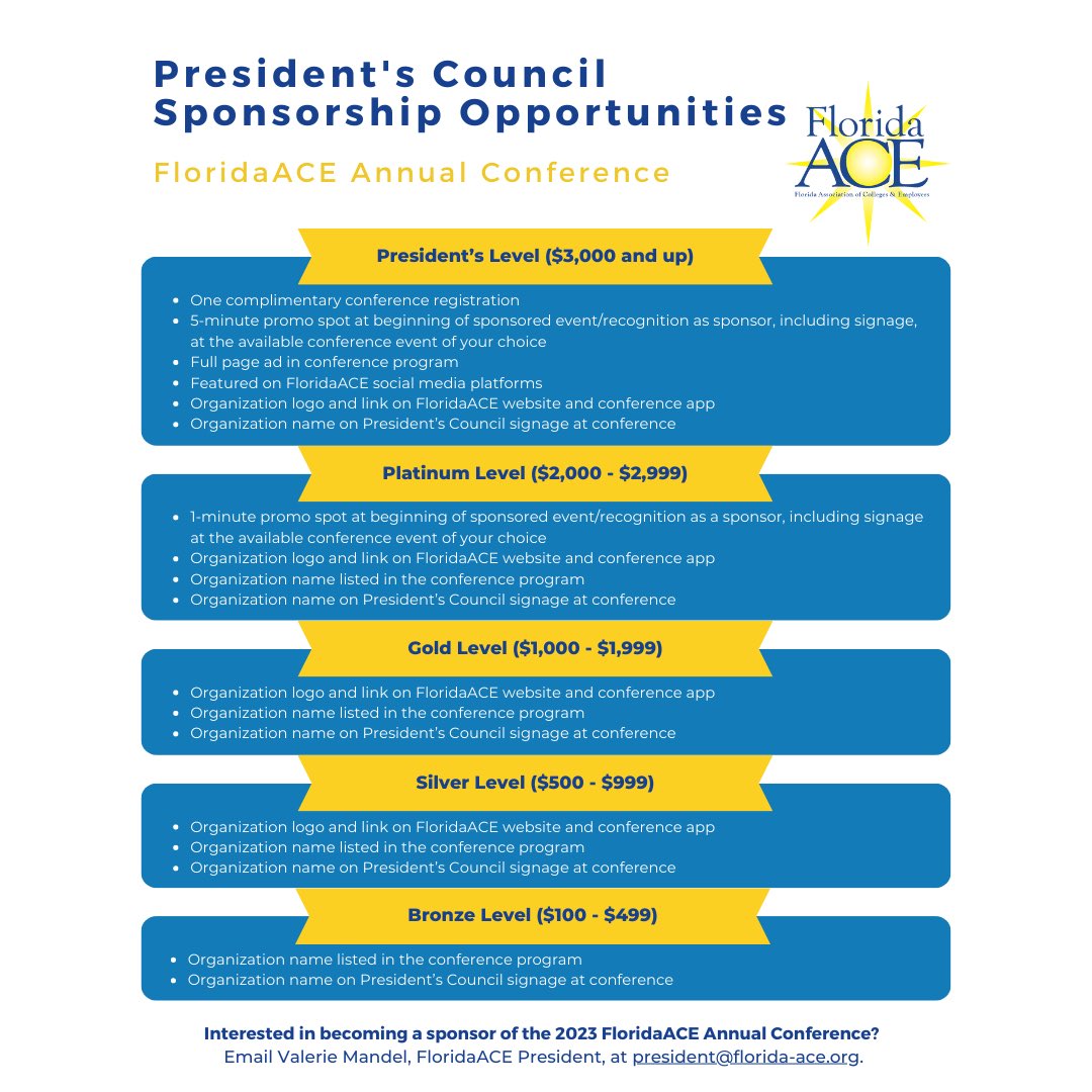 ✨Conference planning is well underway, and the President’s Council Committee is working hard to secure funding for this year’s event.✨

To become a sponsor, use the link in our bio🔗 or email Valerie Mandel, FloridaACE President, at president@florida-ace.org 📧

#FloridaACE23