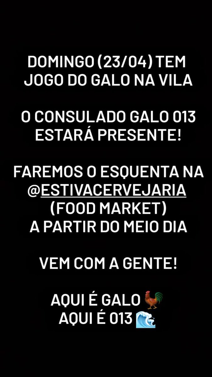 ConsGalo013's tweet photo. Tá chegando!!!!!! Bora galooooo!!!!!!

Estaremos juntos no pré jogo e na Vila Belmiro este domingo 🐔💪🏻 https://t.co/E8dcKOr2YI