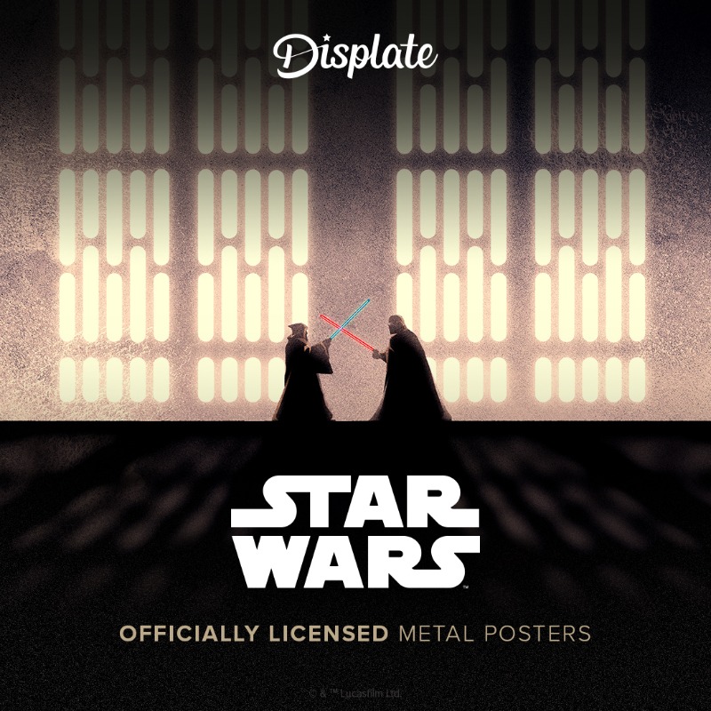 Displate's tweet photo. The battle for your wall space is on! Epic Star Wars duels now on officially licensed metal posters.