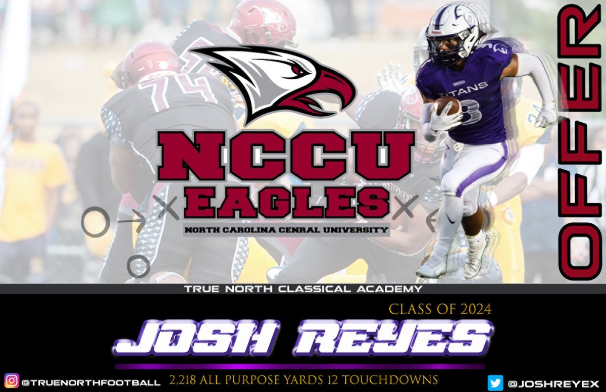 Congratulations to Josh Reyes on his offer to North Carolina Central University. @4redzone @Coachmakauskas @Joshreyex @TrueNorthFootb1 @larryblustein