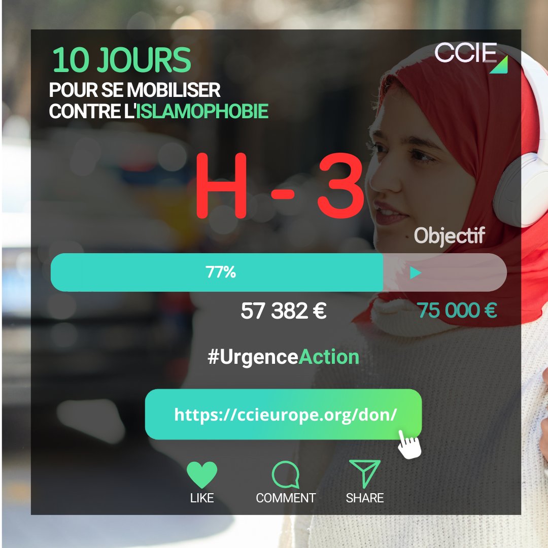 CCIEurope's tweet photo. ⚠️Dernières heures pour faire la différence ⚠️
➡️ Dernier jour pour soutenir les victimes d'islamophobie qui saisissent le CCIE
👍🏻 Votre soutien fait la différence.
#UrgenceAction #CCIE #Islamophobie https://t.co/rc8EtGPTqj
