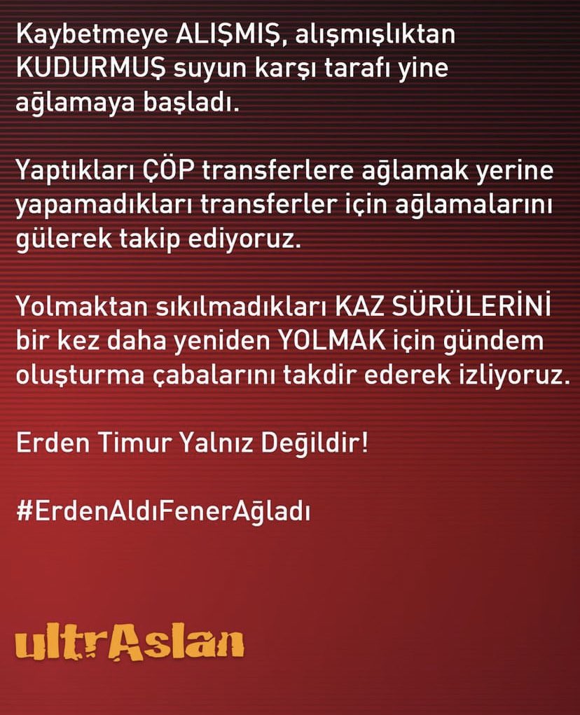 Yolmaktan sıkılmadıkları KAZ SÜRÜLERİNİ bir kez daha yeniden YOLMAK için gündem oluşturma çabalarını takdir ederek izliyoruz.

Erden Timur Yalnız Değildir!

#ErdenAldıFenerAğladı

#ultrAslanUNI