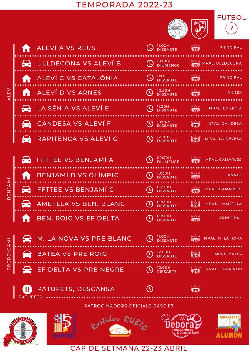 ⚽️ 📆 Calendari de partits per al cap de setmana.
MOLTA SORT A TOTS! 💪🏻🔴⚪⚫
#ueteamateur #3cat1 #uetebase #Formacio #FCF #ConsellEsportiuBaixEbre #Tortosa #TerresdelEbre