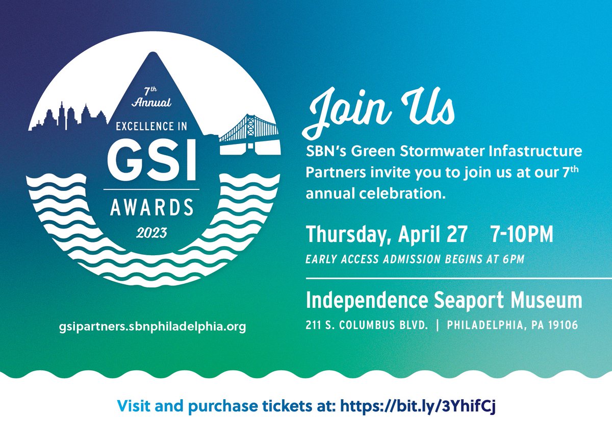 @sbnphila's #ExcellenceinGSIAwards Tix on sale now! @PhillySeaport on 4/27 7-10pm on the #Philadelphia Waterfront. Includes open bar, 12th St Catering bites & awards ceremony: bit.ly/3YhifCj Thx to our sponsors: @laurelhillphl @pixel_parlor @12stcatering @pennfuture