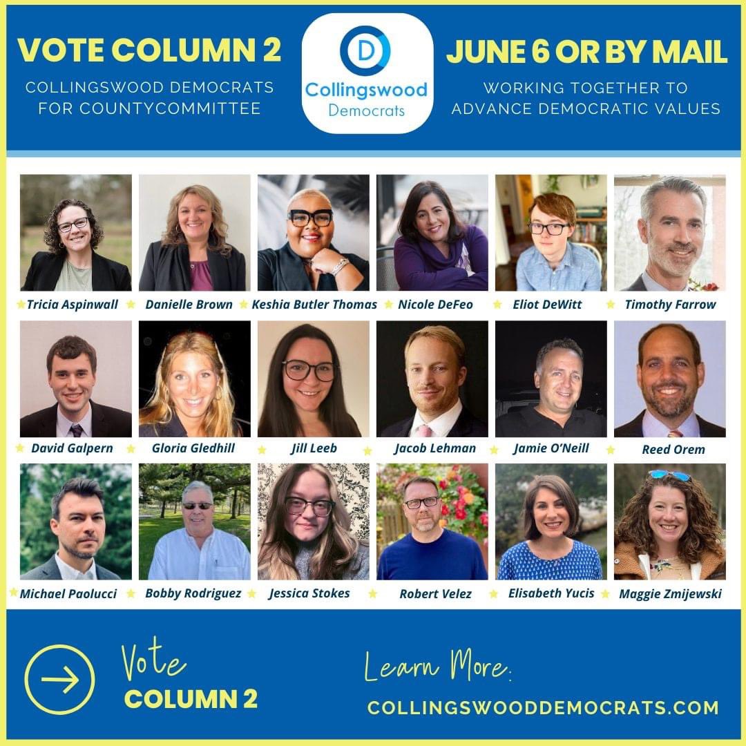 MichaelPWrites's tweet photo. Some personal news: I’m proud to be joining @Dems4Colls to help them continue to strengthen our community and ensure that the voices of the people in our town get heard. Vote #Column2 on June 6th or vote early by mail. Let’s gooooo!

#Column2 #Collingswood #WhyILoveCollingswood https://t.co/DSHZdrDmDD