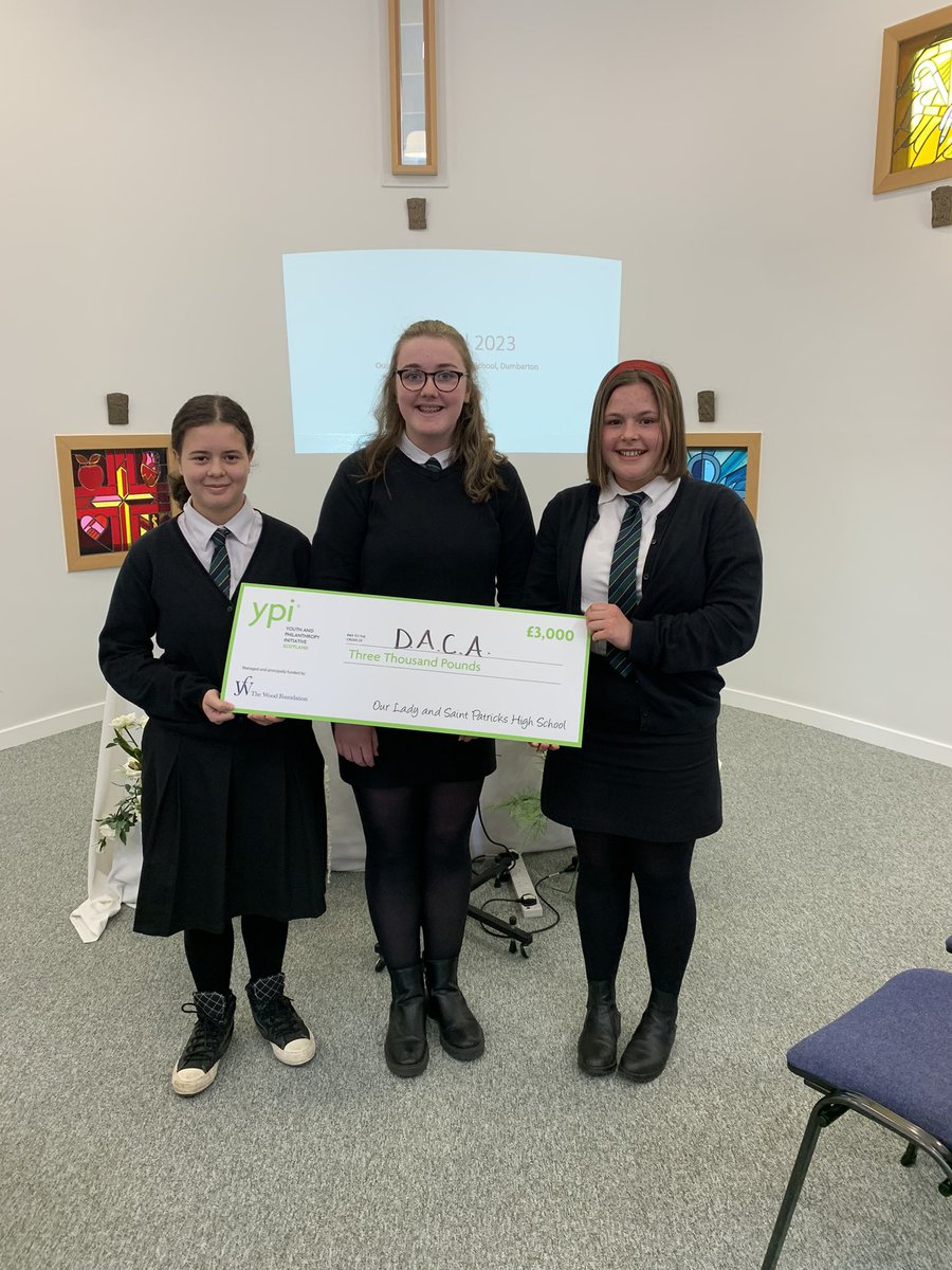 OLSPECOTEAM's tweet photo. Huge congrats to these 3 stars of S3 who have secured local charity DACA a £3k grant to further progress the amazing work they do for our local community! @OLSPHigh @WDCEducation @ypi_scotland https://t.co/wU8gePYWMp