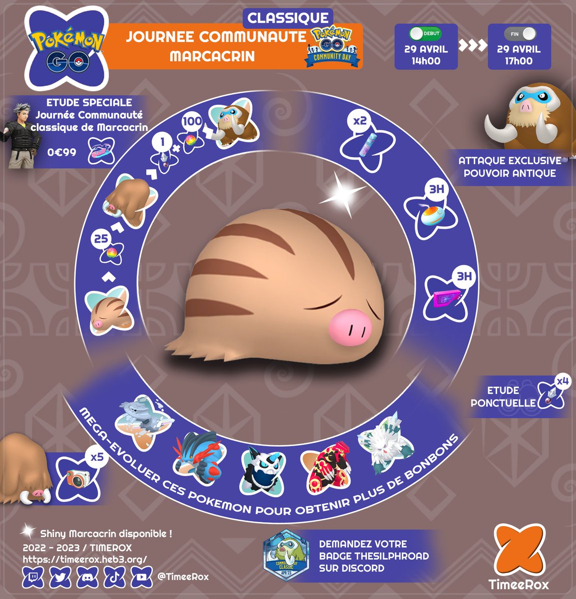 TimeeRox's tweet photo. Voici les infos à propos de la #JournéeCommunauté Classique d’Avril, mettant à l'honneur :
⭐️#Marcacrin
🗓️Le 29 Avril 2023, de 14h à 17h, Heure Locale
🇫🇷
#PokemonGO #PokemonGOApp #roxeurSH #Swinub #ウリムー #Infographie https://t.co/Wbhnn1B3Zx