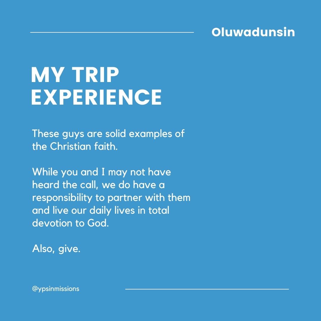 ypsinmissions's tweet photo. The last Easter field trip was amazing and enlightening. Oluwadunsin shares her experience, reminding us to partner urgently with the work of missions in this time.
The harvest truly is plenty! π₯
#YPsInMissions
#MissionsTrip
#FieldTrip
#ForTheLoveOfMissions
#ForTheGospel https://t.co/u3oseg6Cuc