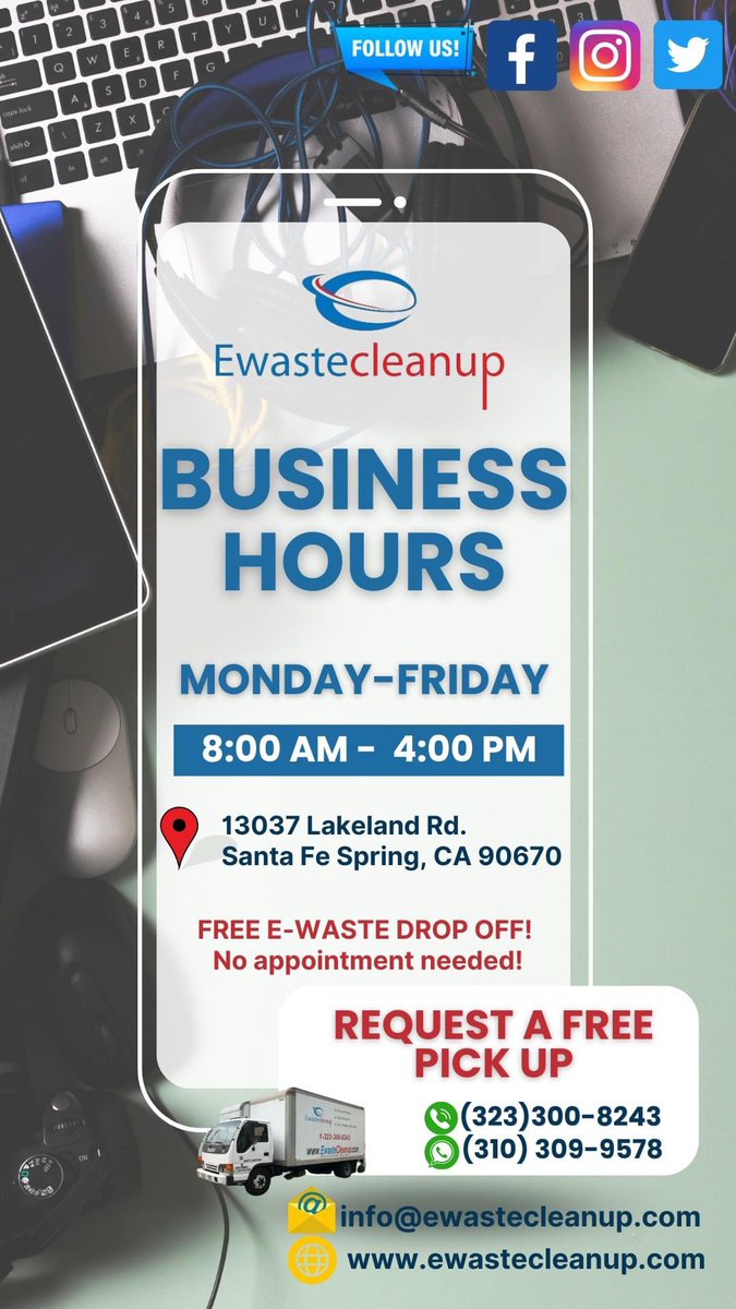 EwasteCleanup's tweet photo. Learn more about our opening hours.
You can visit us or schedule your pickup.
Contact us:
info@ewastecleanup.com
https://t.co/LQyhON6DzJ
📲(323) 300-8243
Whatsapp: (310) 309-9578
#ewasterecycling #ewaste #californialiving #california #ewastecleanup #recycle #recycling https://t.co/ofXZZEujQl