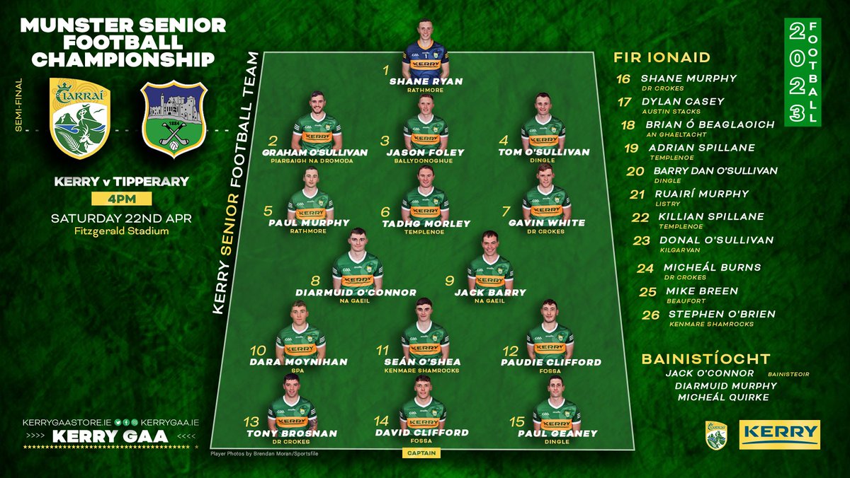 Kerry_Official's tweet photo. Team Announcement: Kerry vs Tipperary - Munster SFC Semi-Final

Full team details here: https://t.co/puNi5okfn8

#WeAreKerry #CiarraíAbú https://t.co/VnMKfoEENa