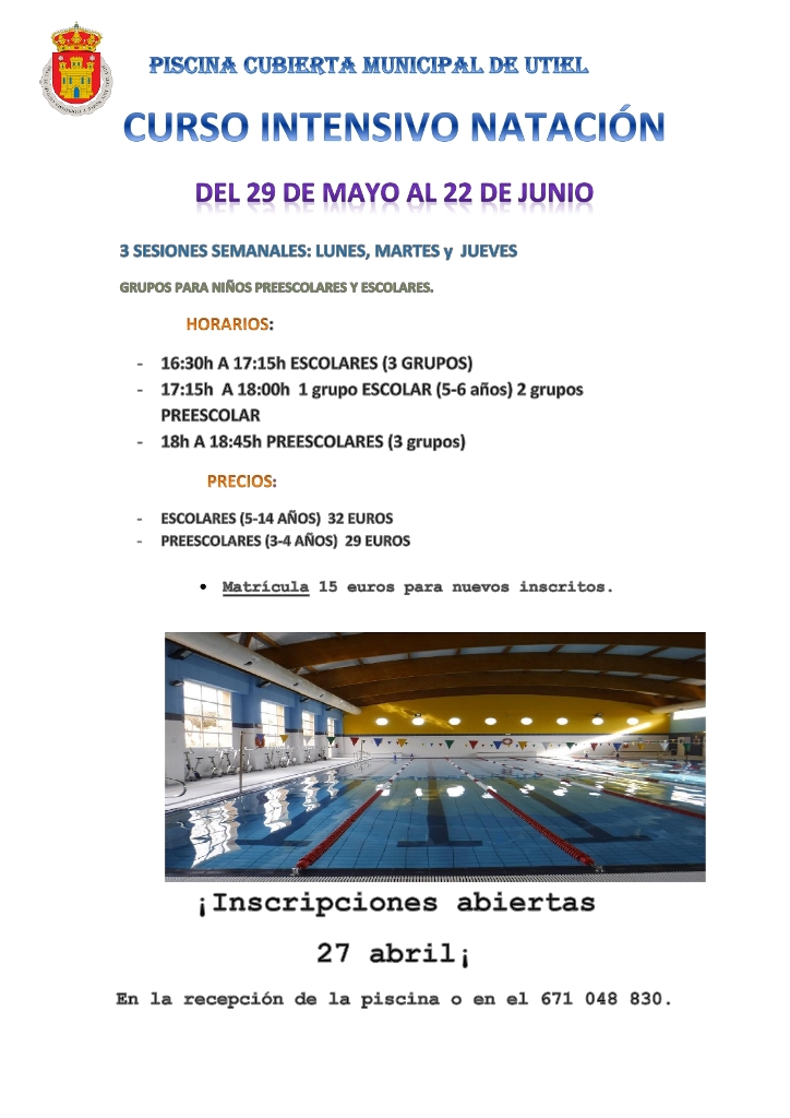 PiscinaMuUtiel's tweet photo. 𝗔𝗕𝗜𝗘𝗥𝗧𝗢 𝗣𝗘𝗥𝗜𝗢𝗗𝗢 𝗗𝗘 𝗜𝗡𝗦𝗖𝗥𝗜𝗣𝗖𝗜Ó𝗡 => Cursos Intensivos de Natación #Verano + info en recepción o llamando a los Tlfs. 960 262 262 o 671 048 830  ¡¡del 29 de mayo al 22 de junio en @PiscinaMuUtiel !!

Consulta #horarios #Escolares y #Preescolares https://t.co/zkMDkpLrZS