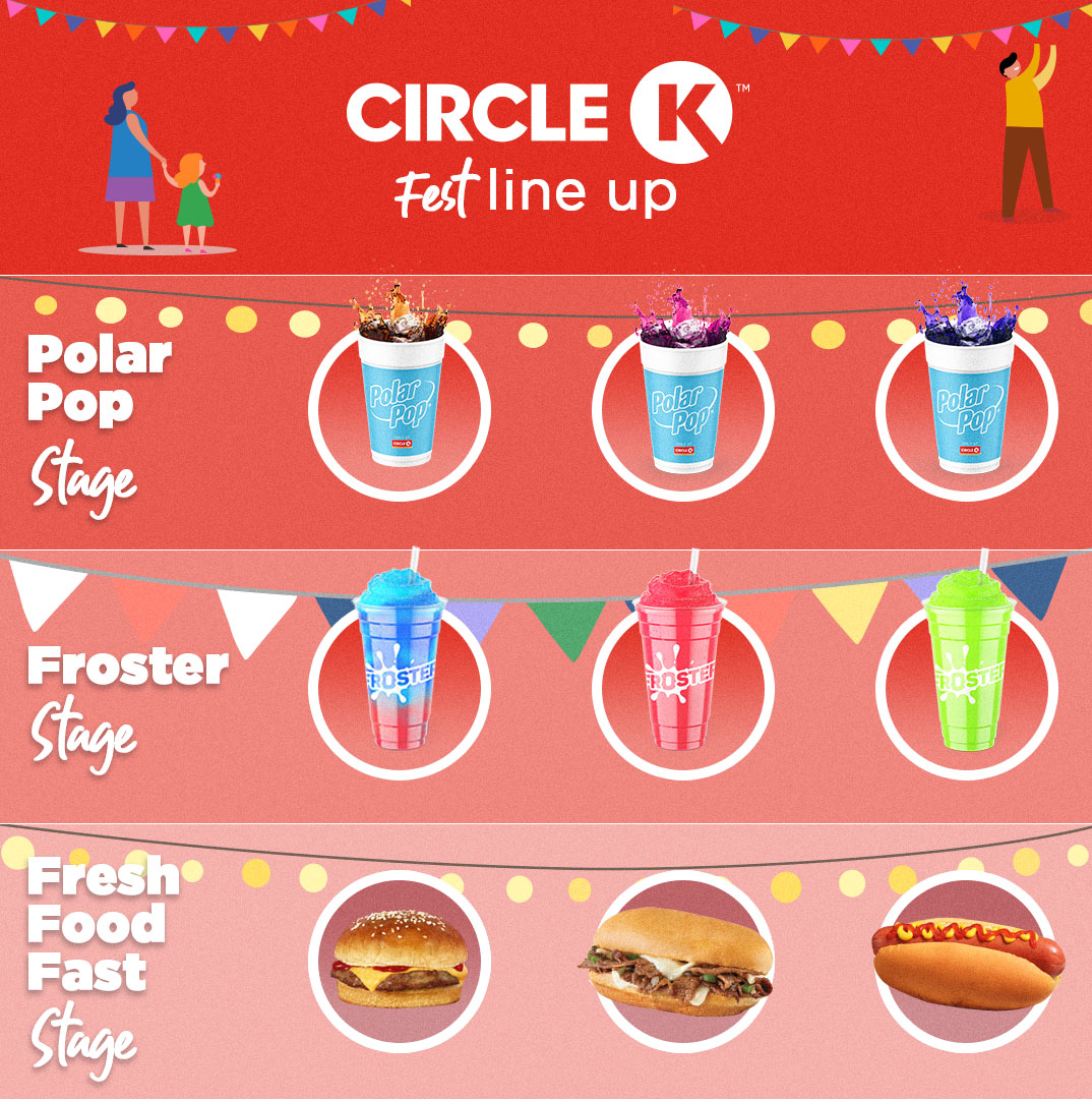 CircleKStores's tweet photo. Which stage are you showing up to during #CircleKFest? 🎊 🎉 

#Festival #WhatIf #PolarPop #Froster #PhillyCheesesteak #hotdog #cheeseburger https://t.co/TisS0cIo1p