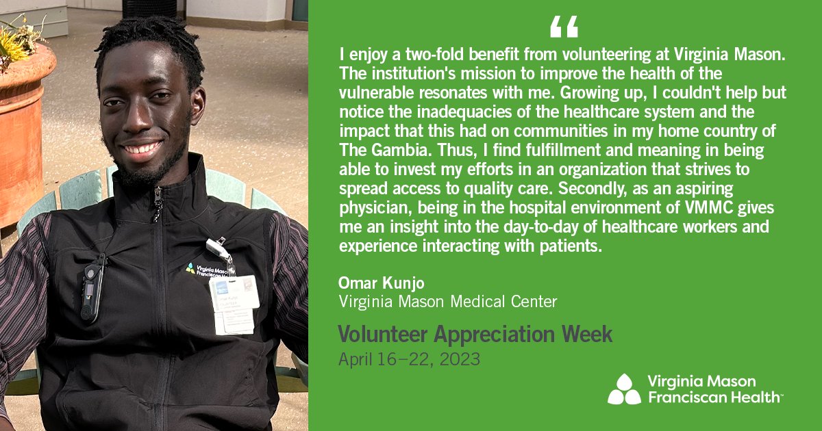 VMFHealth's tweet photo. In honor of #VolunteerApperciationWeek, meet Omar Kunjo, volunteer at Virginia Mason Medical Center in Seattle. Thank you, Omar, for all that you do in giving back to our community! https://t.co/NvJFN5bxY8