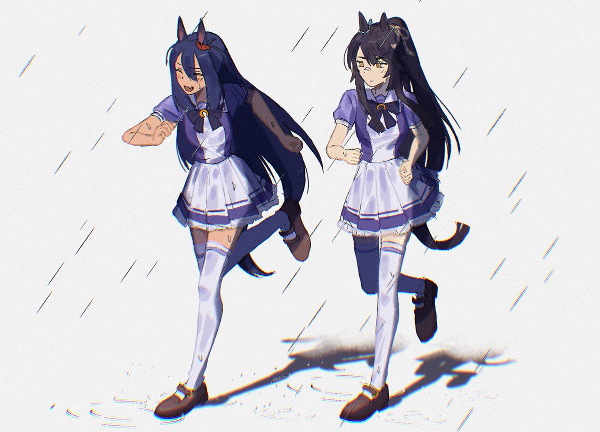 narita brian (umamusume) multiple girls 2girls animal ears thighhighs horse ears rain tracen school uniform  illustration images