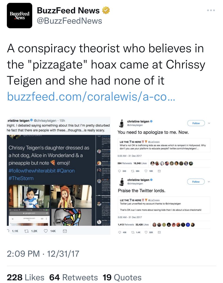LizCrokin's tweet photo. KARMA: Buzzfeed is shutting down. Their stock is reportedly down 93% and they’ve lost +1B in market cap. 

- They lied about the fake pee dossier. 
- They covered up Pizzagate. 
- They put out dishonest reporting about my feud with Chrissy Teigen failing to mention she was forced to lock her account and delete thousands of tweets including pedophile tweets. 

Hillary Clinton actually said it best when she stated there are consequences for fake news. Cry me a river Buzzfeed!