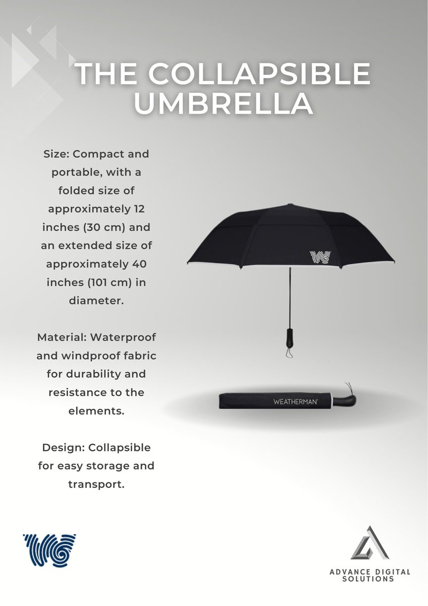 Rain or shine, be prepared with our Collapsible Umbrella! 

#RainyDayEssentials #UmbrellaWeather #PortableProtection #Adsii #AdvanceDigitalSolutions #Techsolutions #AdsiiSolutions