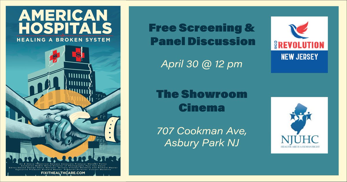 ⏰IN 10 DAYS!! Join us on 4/30 for the NJ premiere of the new documentary American Hospitals! We'll have a panel discussion after the 🎥, with Wendell Potter and director Vincent Mondillo. More speakers soon! Register: mobilize.us/ourrevolution/…
#AmericanHospitals #healthcarejustice