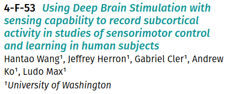fediscience.org/@StutteringLab…

At #NCMVic23,  PhD student Hantao Wang will have a poster on Fri describing how he is leveraging DBS implants with sensing technology to record from human subcortical nuclei during sensorimotor adaptation. Check it out and meet Hantao at poster 4-F-53.