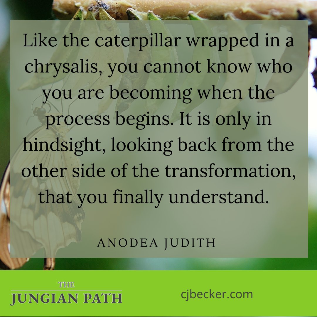 JungianPath's tweet photo. "Like the caterpillar wrapped in a chrysalis, you cannot know who you are becoming when the process begins. It is only in hindsight, looking back from the other side of the transformation, that you finally understand." — Anodea Judith  #AnodeaJudith #transformation https://t.co/m3E429N4RK