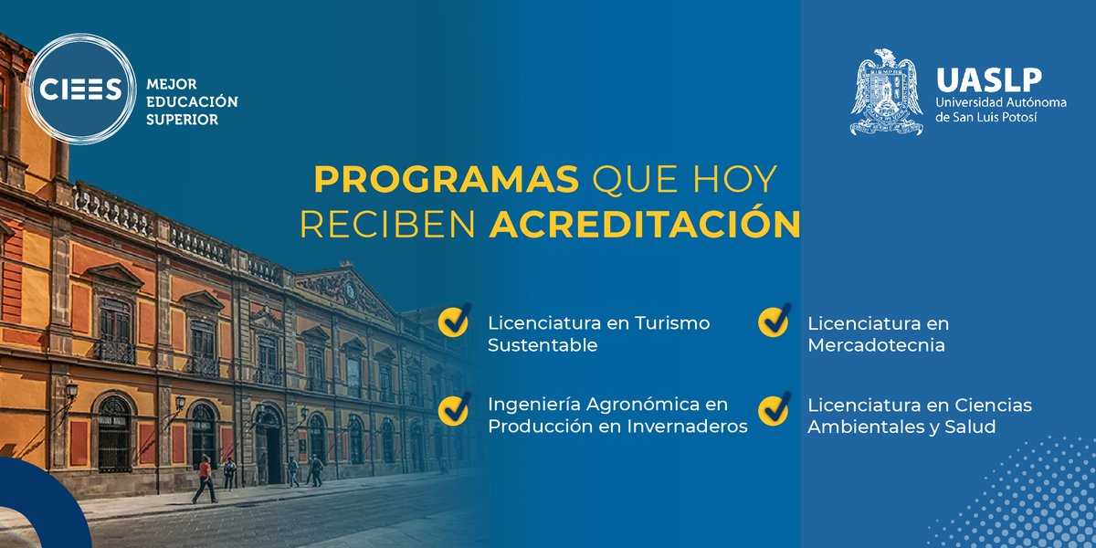📜 #Acreditación

Hoy reciben el reconocimiento de acreditación 4 programas de <a href="/LaUASLP/">UASLP</a>, Institución que constantemente se mantiene evaluando la calidad de sus licenciaturas e ingenierías.

¡Enhorabuena! Sigamos trabajando juntos en el beneficio de las y los estudiantes.