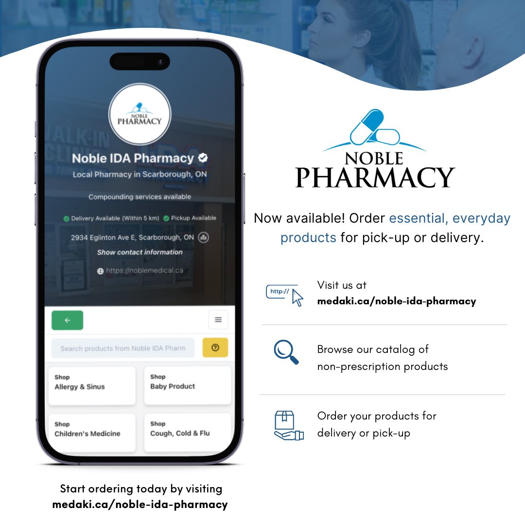 MedaKi is in Scarborough!

Now available at Noble IDA Pharmacy in Scarborough, Ontario.

Use the following link to visit the pharmacy page: medaki.ca/noble-ida-phar…

#pharmacy #local #online #delivery #startup