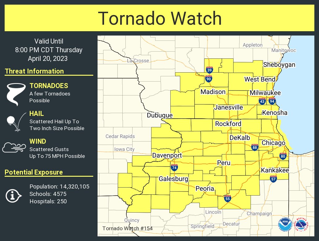 A tornado watch has been issued for parts of Illinois, Iowa and Wisconsin until 8 PM CDT