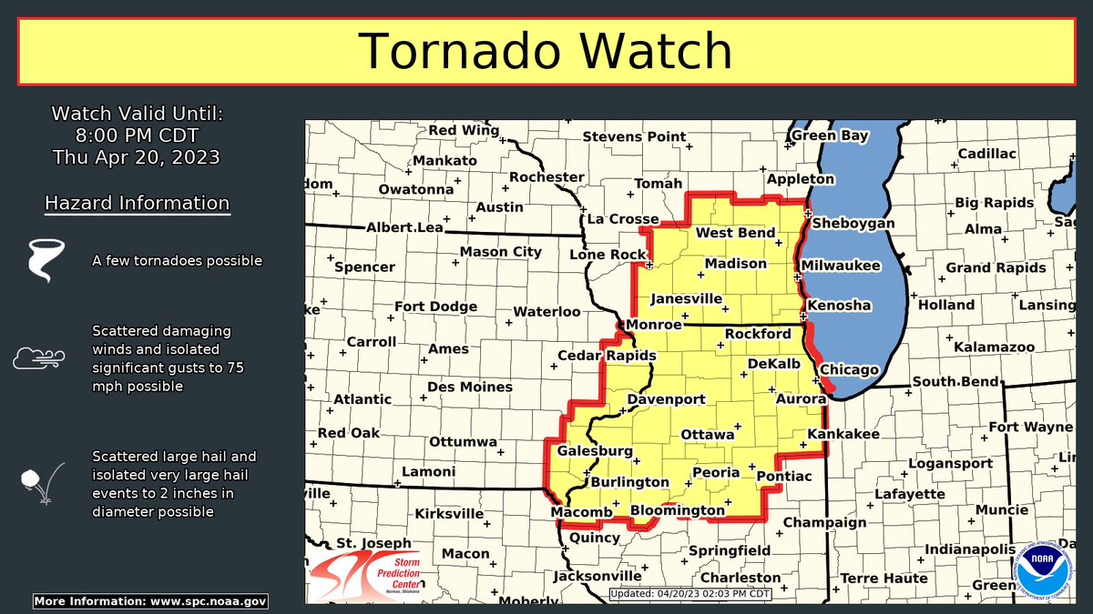 NWSSPC's tweet photo. A #tornado watch has been issued for eastern #IA into northern #IL and southern #WI until 8 PM CDT. T-storms will pose a risk for large hail, severe winds, &amp; tornadoes this evening. For the latest warning information follow @NWSChicago @NWSQuadCities @NWSLincolnIL @NWSMilwaukee https://t.co/SZVsitKu69