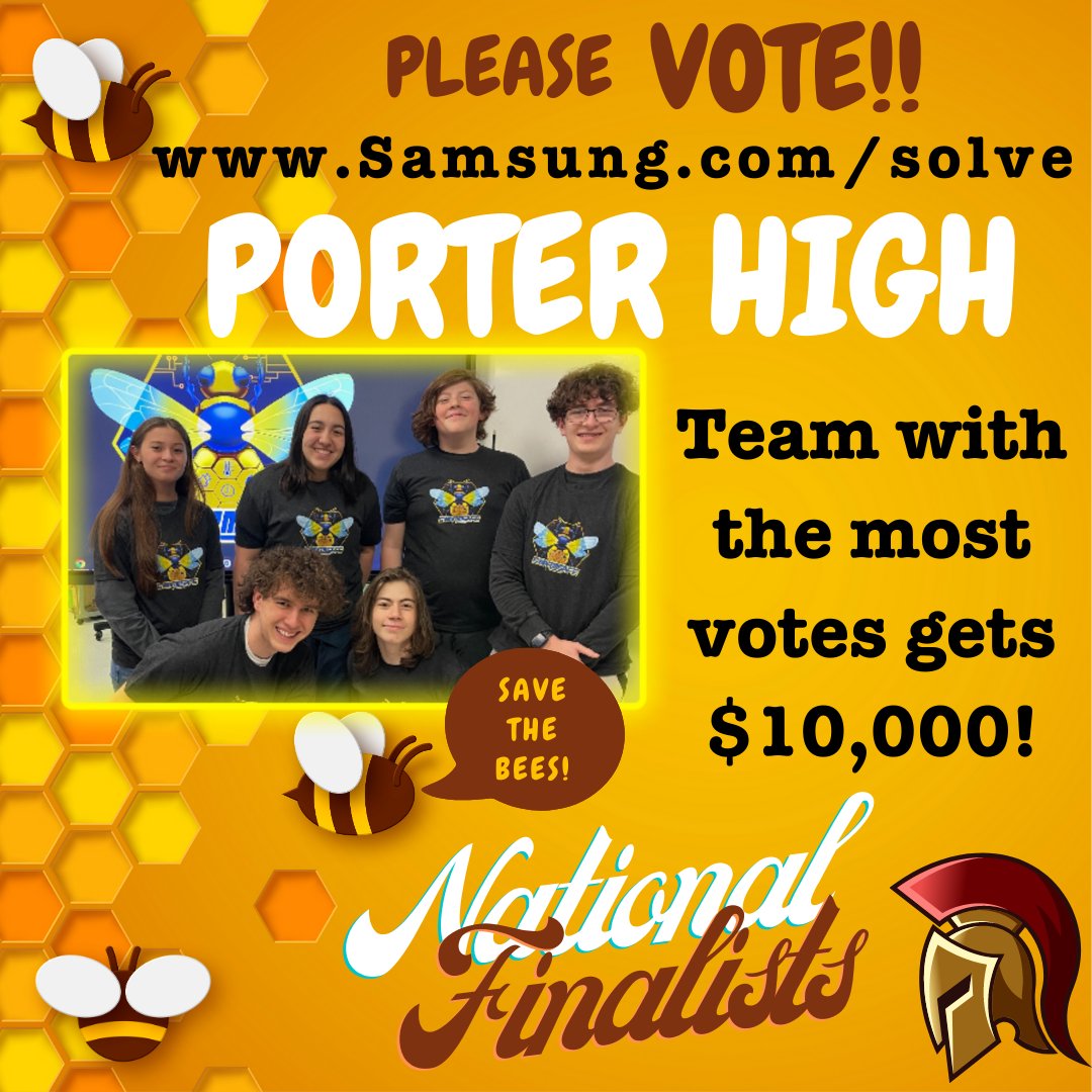 PorterSpartans's tweet photo. The PHS Samsung video was chosen as a National Finalist and won a prize package of $50,000!
The team could use your help though! Voting has opened for an additional prize!
Please go to https://t.co/szd6uLO9lU to vote now! #SamsungSolvePHS #phs_spartans #ncisd https://t.co/bd7GMYD5m5