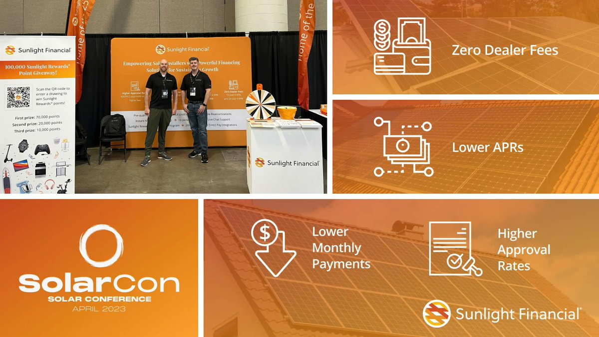 SunlightLoans's tweet photo. We're ready for #SolarCon! Stop by booth 120 to meet members of the Sunlight team and learn about our new features, smooth process, and popular loans. https://t.co/T2V4U2D73z